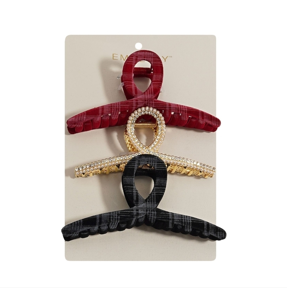 Emberly 3-Pack Pave Hair Clips - Red, Gold, & Black - Rhinestone, Pearl, Velvet